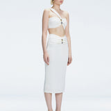 Side view of model showcasing the one-shoulder design and ruched front detail on the Lane White Top.
