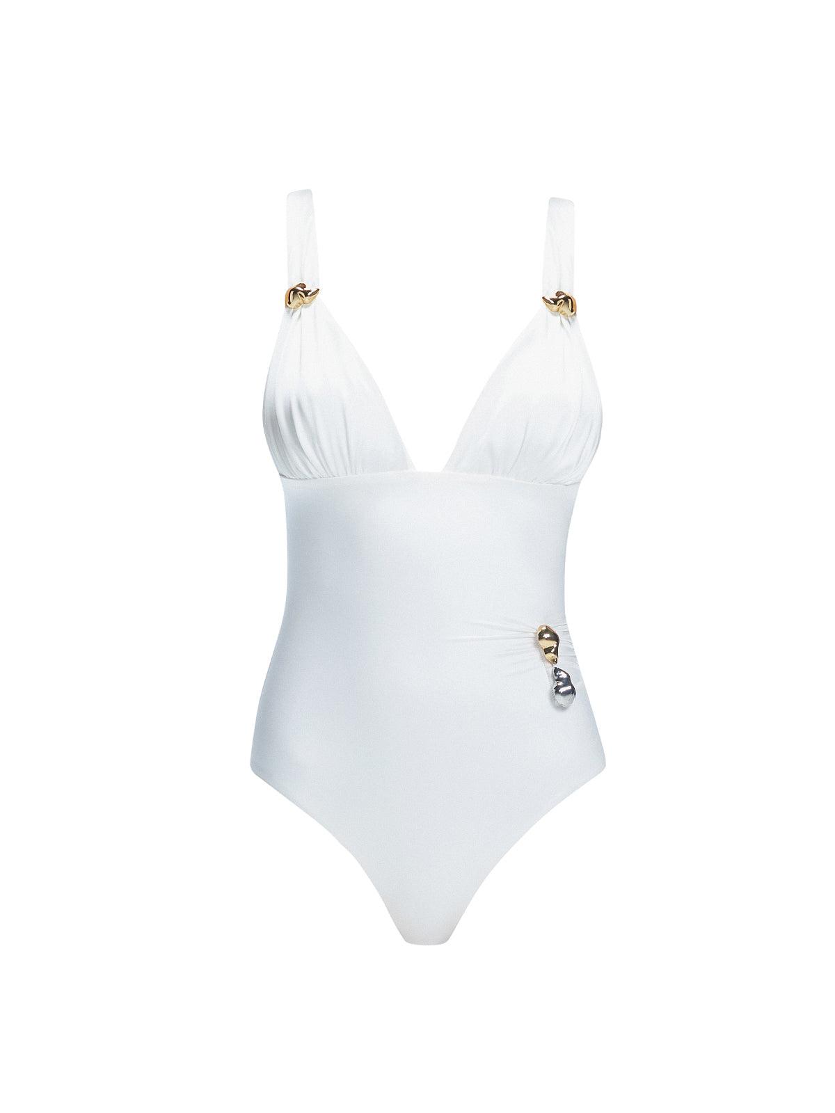 Back view of model wearing Marina Degraded White  One Piece swimsuit, featuring accessory details on straps and open back design.
