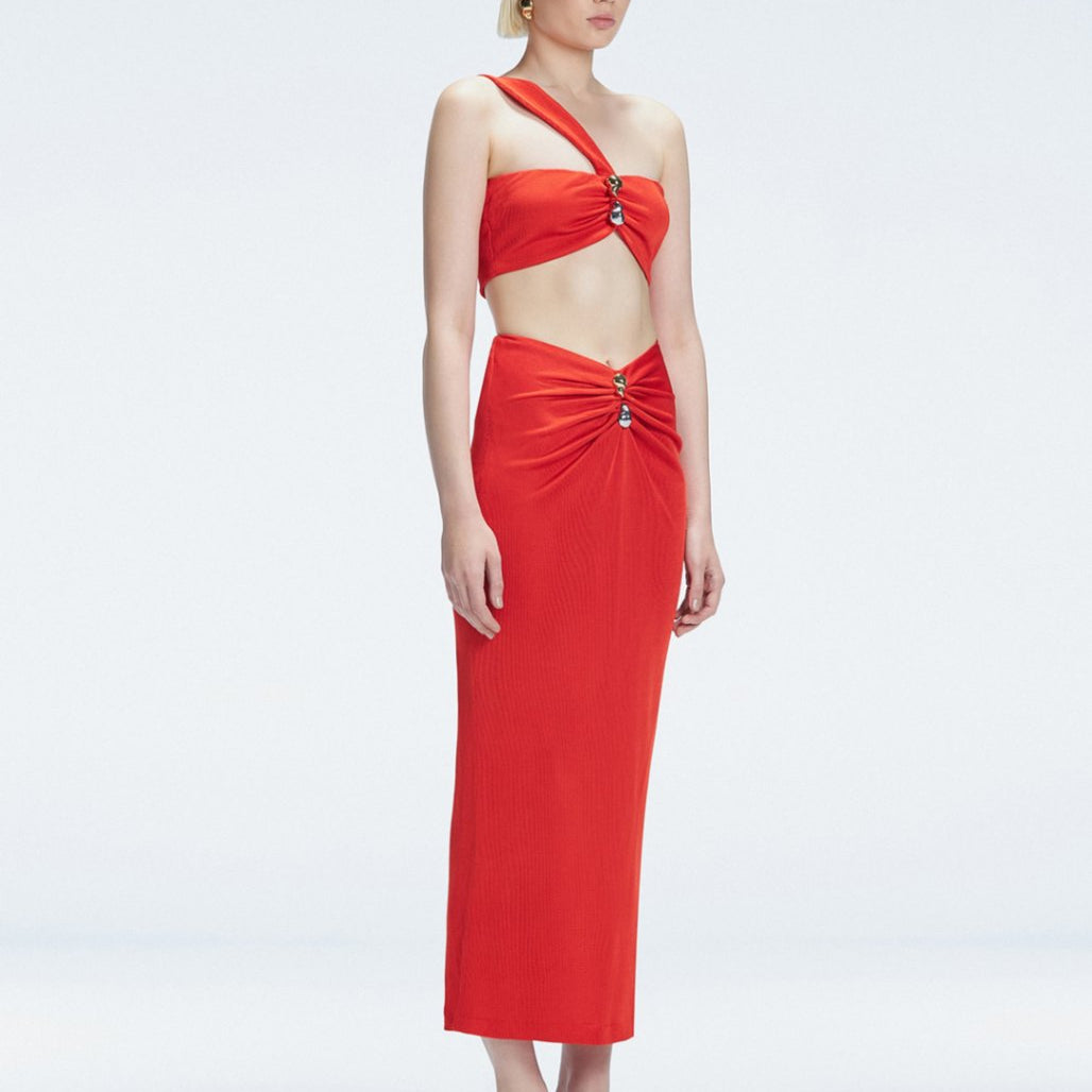 Esmeralda Red Maxi Skirt with Front Ruched Detail | Moeva | Skirt | Each week unveils new pieces—luxury swimwear, fluid resort silhouettes, and elevated summer-to-evening essentials designed to carry you from coastal escapes to city nights.