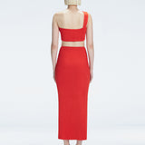 Back view of model wearing Lane Red Top, highlighting the sleek one-shoulder silhouette.
