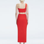 Back view of model wearing Lane Top and Esmeralda Red Midi Skirt, highlighting the seamless hidden zipper.
