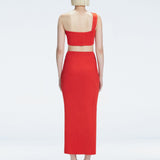 Back view of model wearing Lane Top and Esmeralda Red Midi Skirt, highlighting the seamless hidden zipper.
