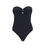 "Zephyrine Black Swimsuit laid flat, showcasing the removable straps, buckle, and ruched chest detail."
