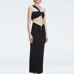 Side view of model showcasing the one-shoulder design and ruched front detail on the Lane Black Top.
