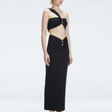 Side view of model showcasing the one-shoulder design and ruched front detail on the Lane Black Top.
