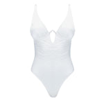 "Emma White Swimsuit laid flat, showcasing the underwire design, ruched detailing, and premium Italian fabric."
