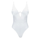 "Emma White Swimsuit laid flat, showcasing the underwire design, ruched detailing, and premium Italian fabric."
