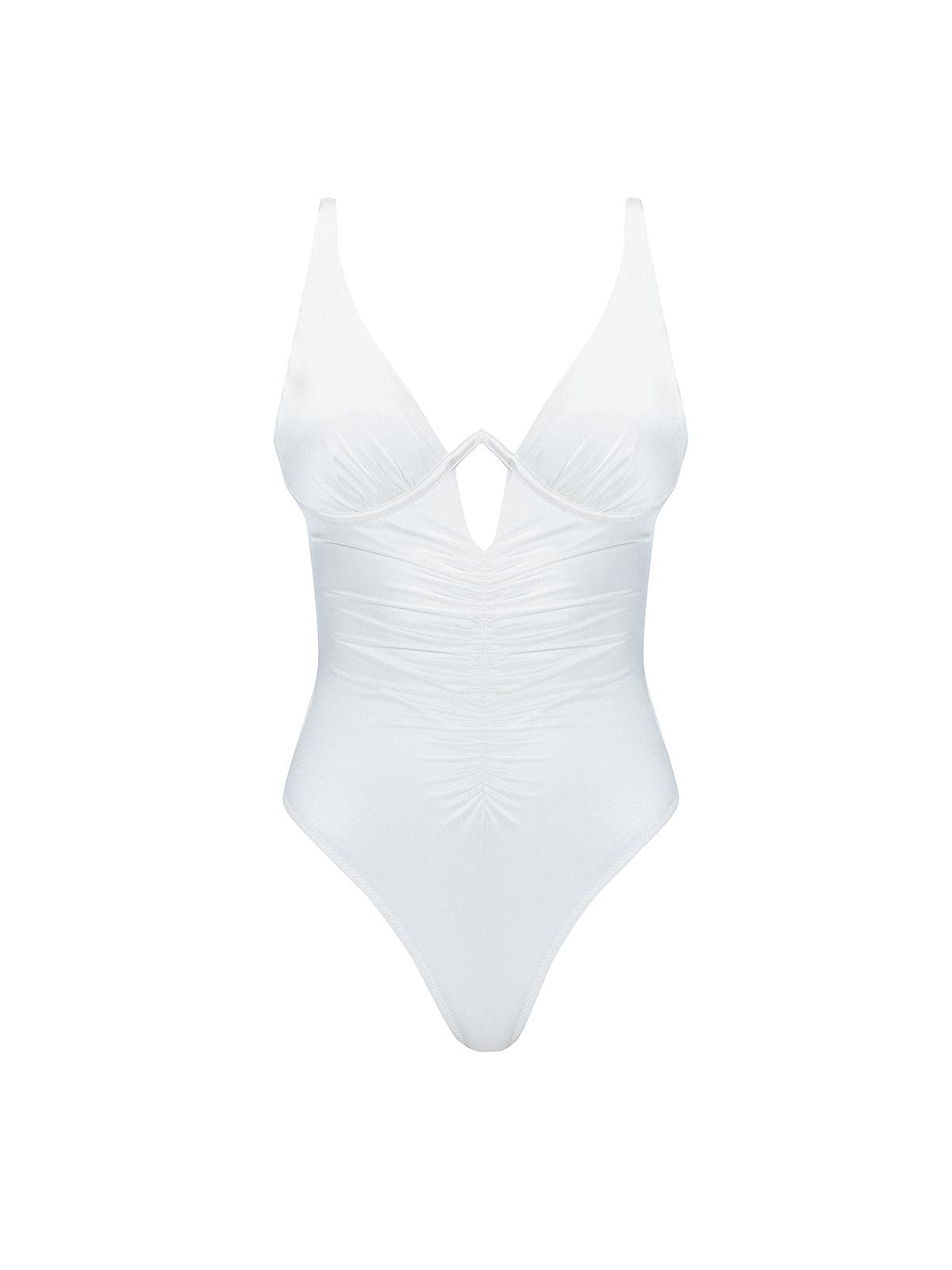 "Emma White Swimsuit laid flat, showcasing the underwire design, ruched detailing, and premium Italian fabric."
