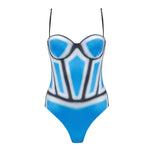 Camilla Blue Optical Swimsuit with bandeau cut, boned torso for support, and printed Italian fabric.
