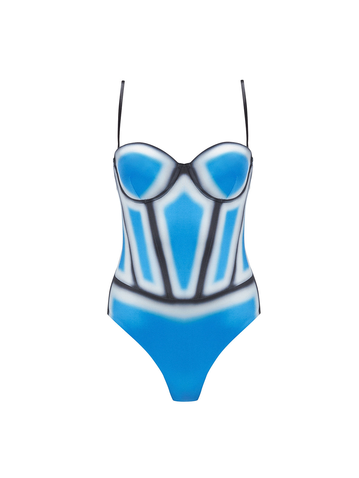 Camilla Blue Optical Swimsuit with bandeau cut, boned torso for support, and printed Italian fabric.
