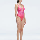 "Side view of the underwire and ruched front on the Emma Gradient Swimsuit, emphasizing the premium fabric and elegant design."
