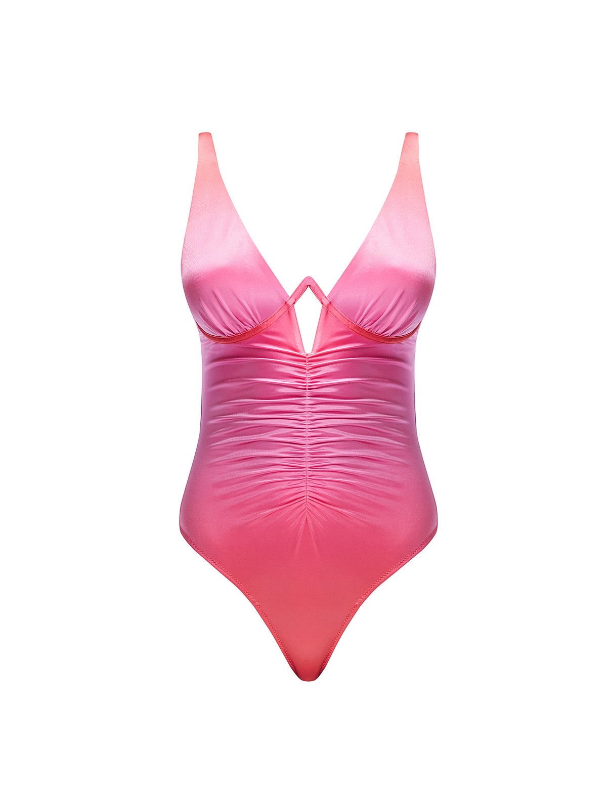 "Emma Gradient Swimsuit laid flat, showcasing the underwire design, ruched detailing, and premium Italian fabric."
