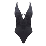 "Emma White Black laid flat, showcasing the underwire design, ruched detailing, and premium Italian fabric."
