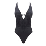 "Emma White Black laid flat, showcasing the underwire design, ruched detailing, and premium Italian fabric."
