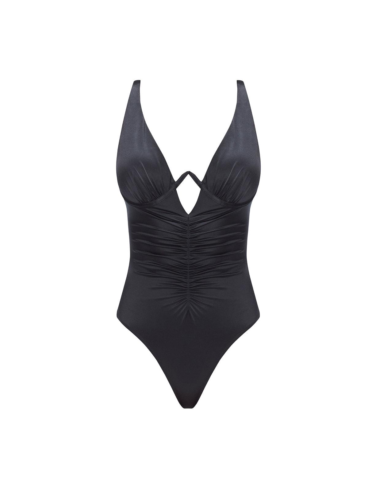 "Emma White Black laid flat, showcasing the underwire design, ruched detailing, and premium Italian fabric."
