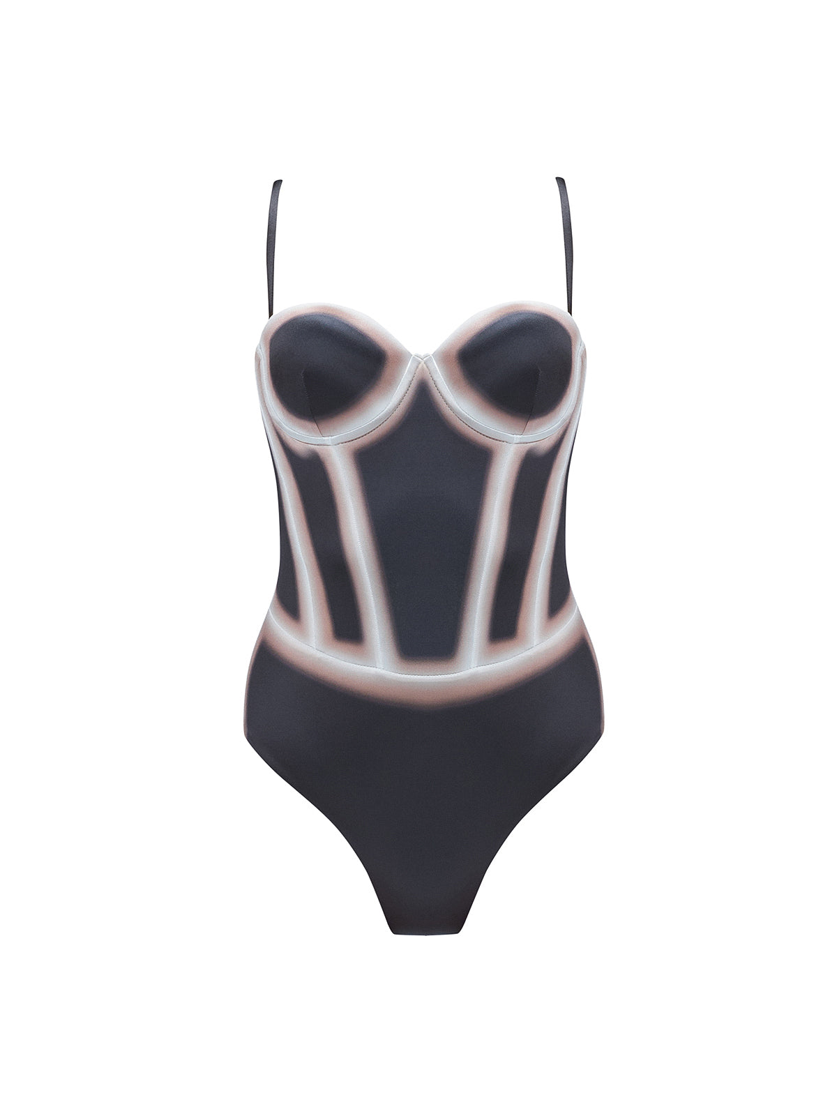 Camilla Black Optical Swimsuit with bandeau cut, boned torso for support, and printed Italian fabric.
