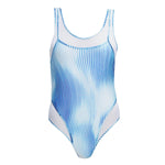 Calista Blue Optical Swimsuit with scoop neck, two-layered tulle design, and moderate bottom coverage.
