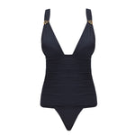 Griselda Black One Piece swimsuit with ruched body, deep V-neck, and moderate bottom coverage.
