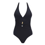 Miley Black One Piece swimsuit with halter neck, draped front, and twisted gold accessory.