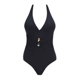 Miley Black One Piece swimsuit with halter neck, draped front, and twisted gold accessory.