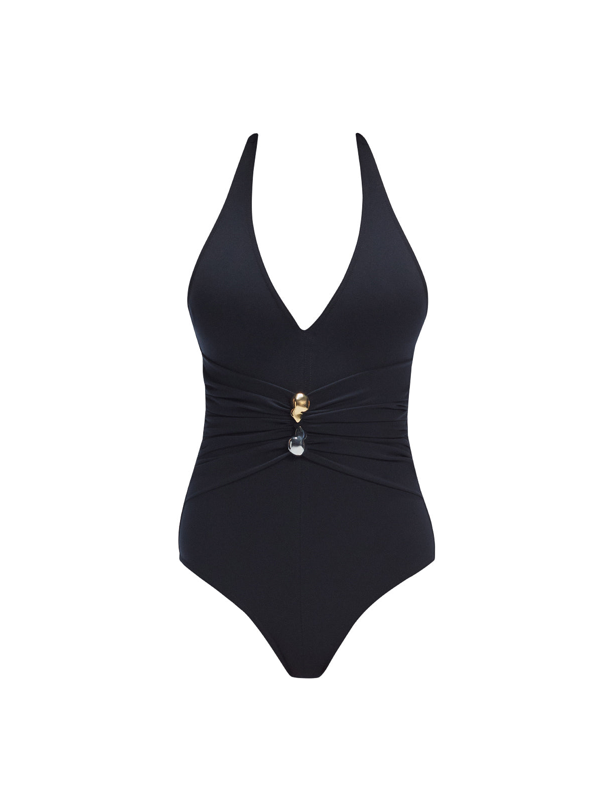 Miley Black One Piece swimsuit with halter neck, draped front, and twisted gold accessory.