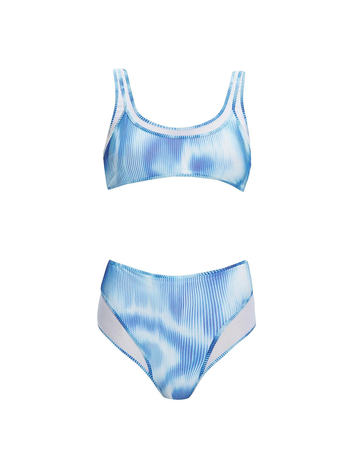 Rosalind Blue Optical Bikini Set with high-waist design, two-layered tulle, and full bottom coverage.
