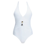 Miley White One Piece swimsuit with halter neck, draped front, and twisted gold accessory.