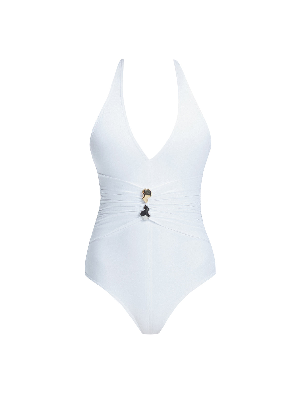 Miley White One Piece swimsuit with halter neck, draped front, and twisted gold accessory.