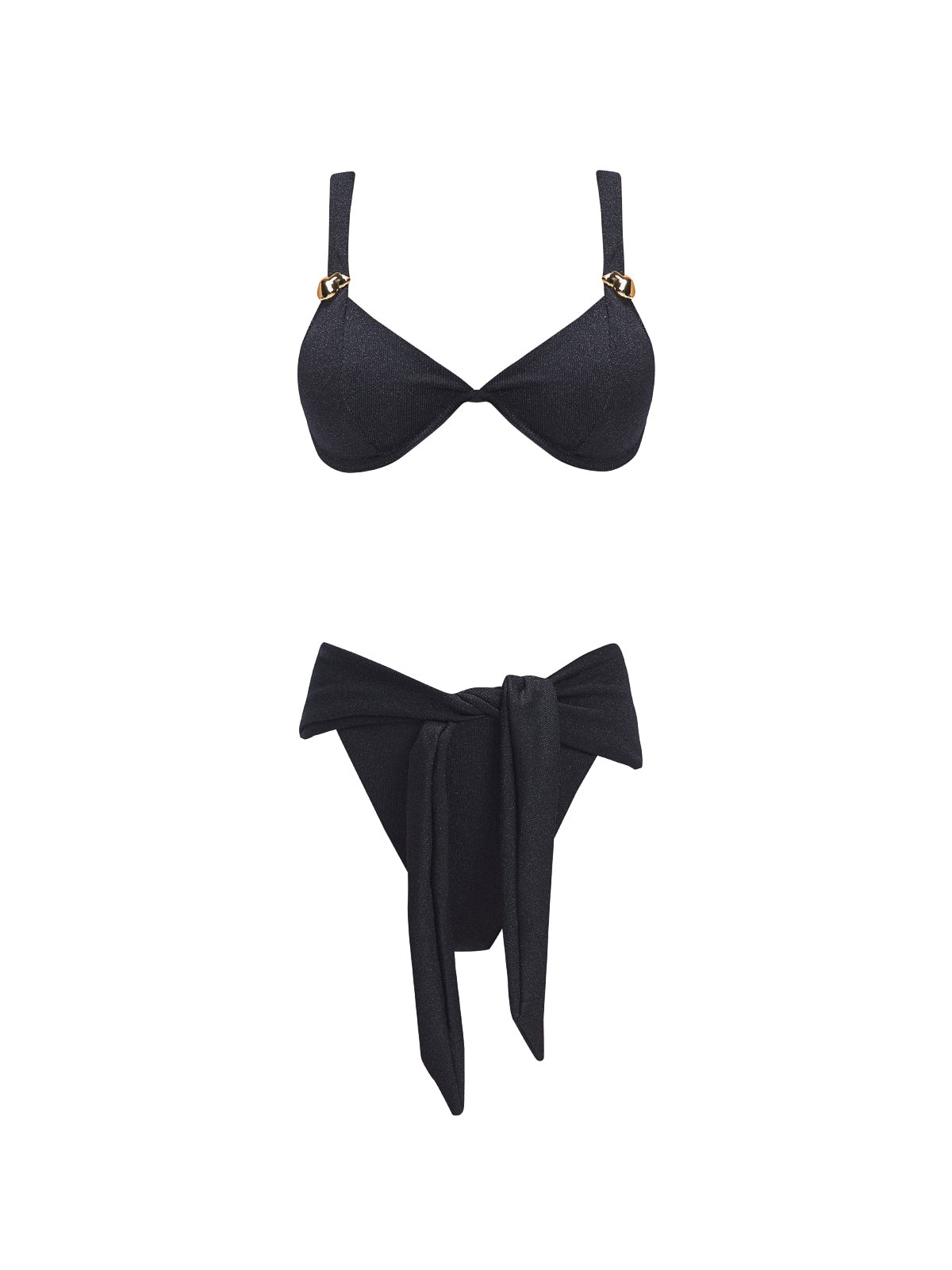 "Madelyn Black Bikini Top and Dylan Bikini Bottom  laid flat, showcasing the twist-front detail and luxurious gold clasps."
