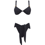 "Dylan Black Bikini Bottom laid flat, highlighting the elegant high-leg cut and premium Italian fabric."
