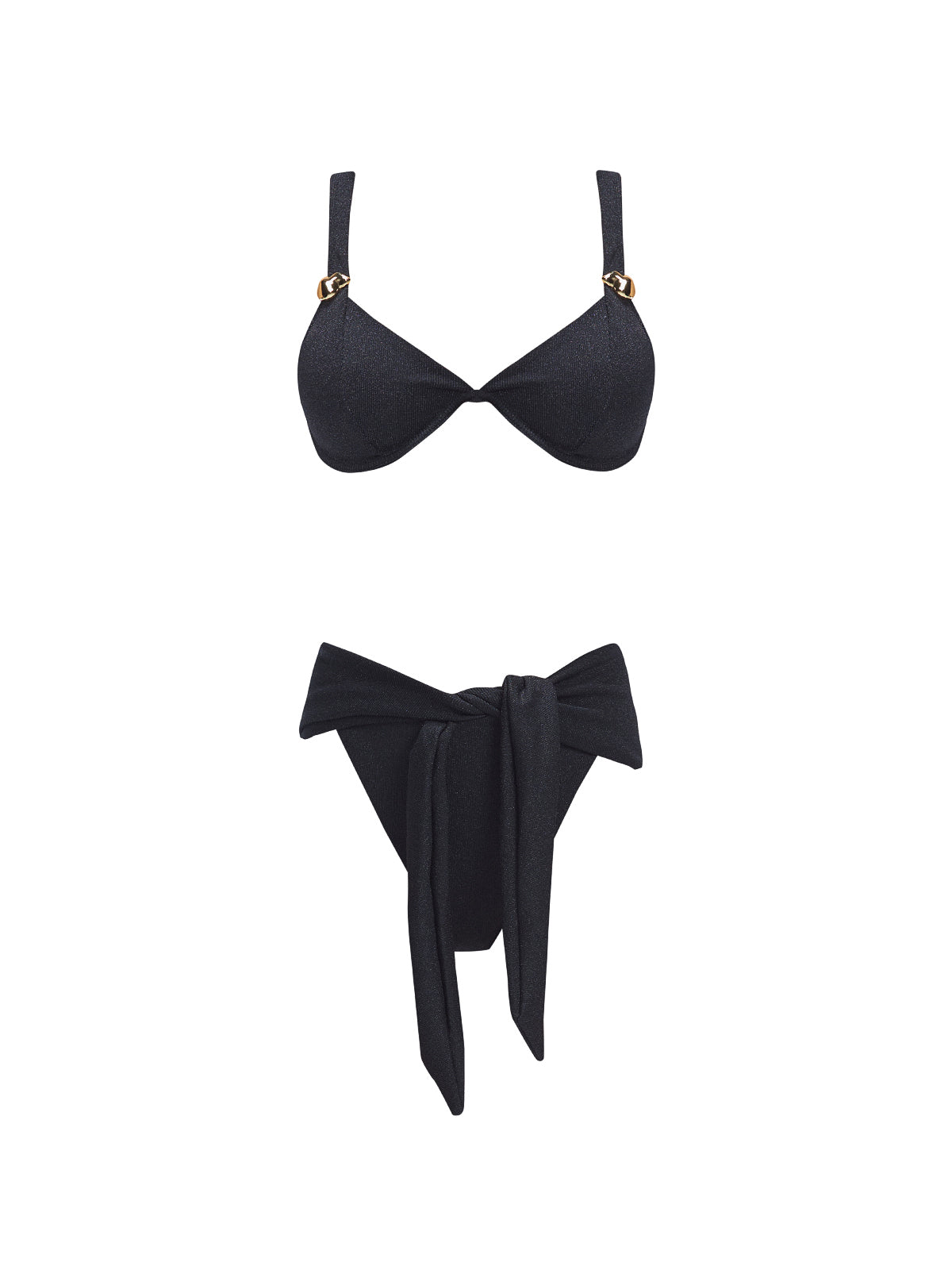 "Dylan Black Bikini Bottom laid flat, highlighting the elegant high-leg cut and premium Italian fabric."
