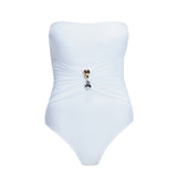 Ursula White One Piece swimsuit with strapless silhouette and twisted gold accessory for a refined look.
