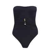 Ursula Black One Piece swimsuit with strapless silhouette and twisted gold accessory for a refined look.
