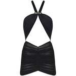 "Carolina Black Swimsuit laid flat, highlighting the halter neck tie, buckle straps, and ruched tulle skirt."
