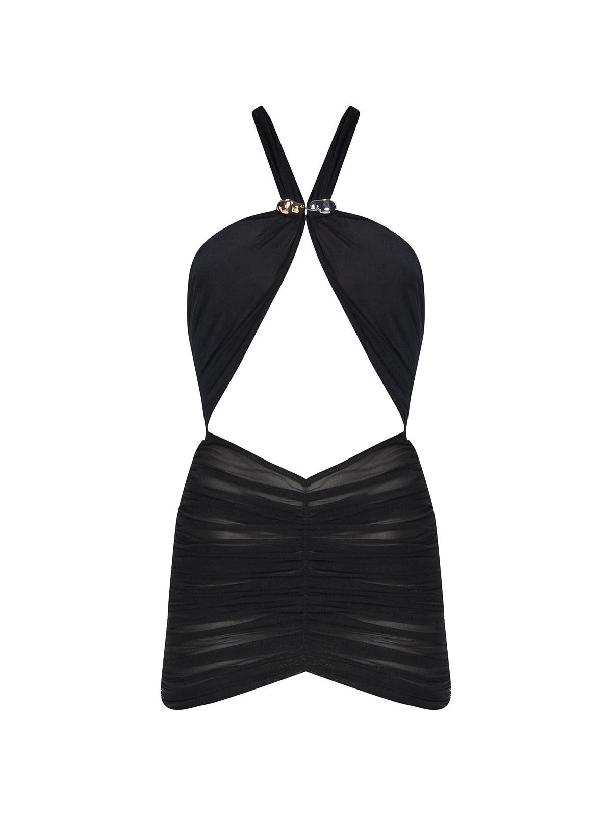 "Carolina Black Swimsuit laid flat, highlighting the halter neck tie, buckle straps, and ruched tulle skirt."
