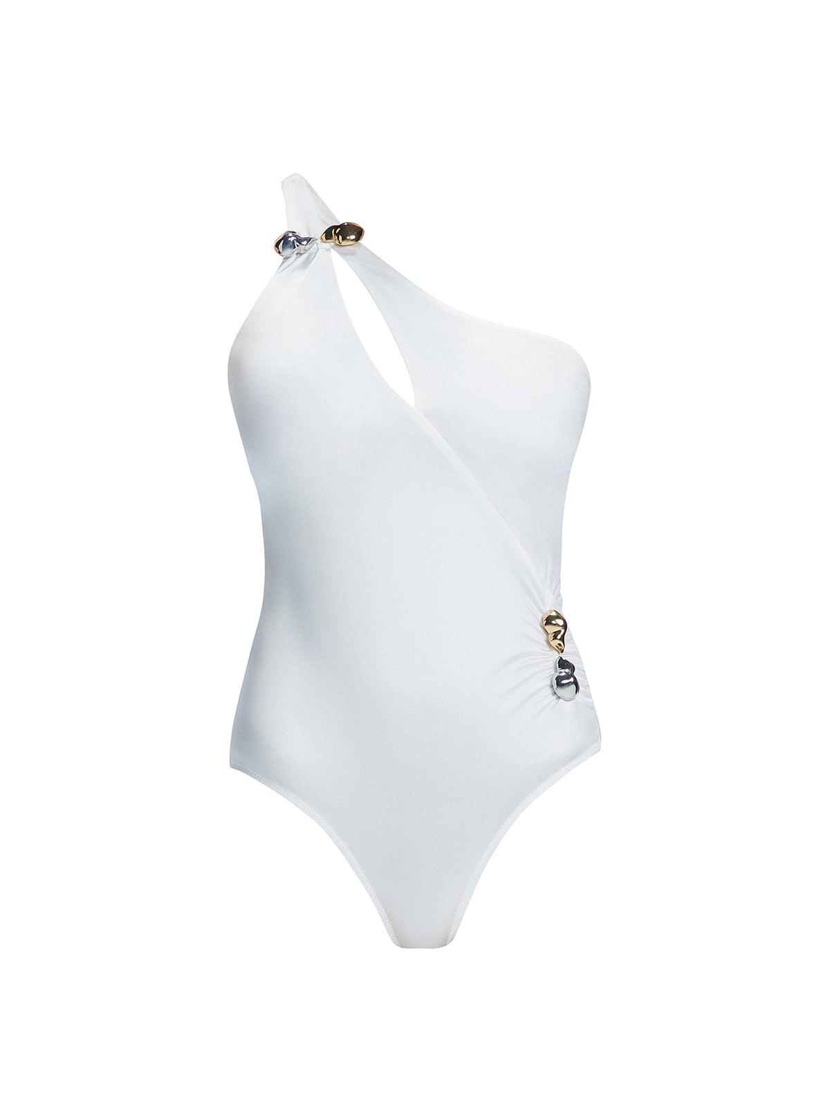 "Solene White Swimsuit laid flat, showing the one-shoulder design, cutout, and ruched waist with buckle detail."
