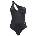 "Solene Black Swimsuit laid flat, showing the one-shoulder design, cutout, and ruched waist with buckle detail."
