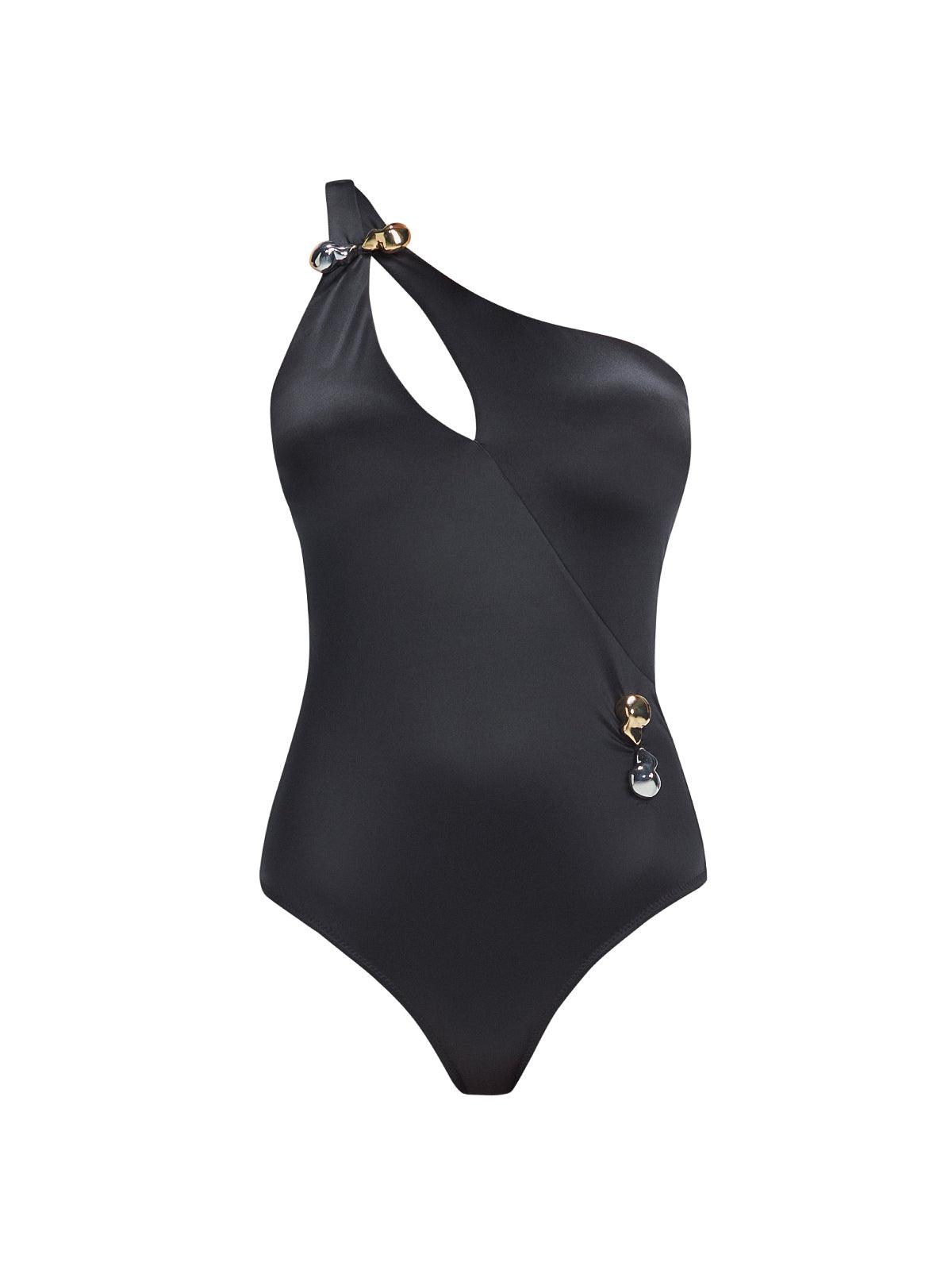 "Solene Black Swimsuit laid flat, showing the one-shoulder design, cutout, and ruched waist with buckle detail."
