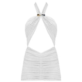 "Carolina White Swimsuit laid flat, highlighting the halter neck tie, buckle straps, and ruched tulle skirt."
