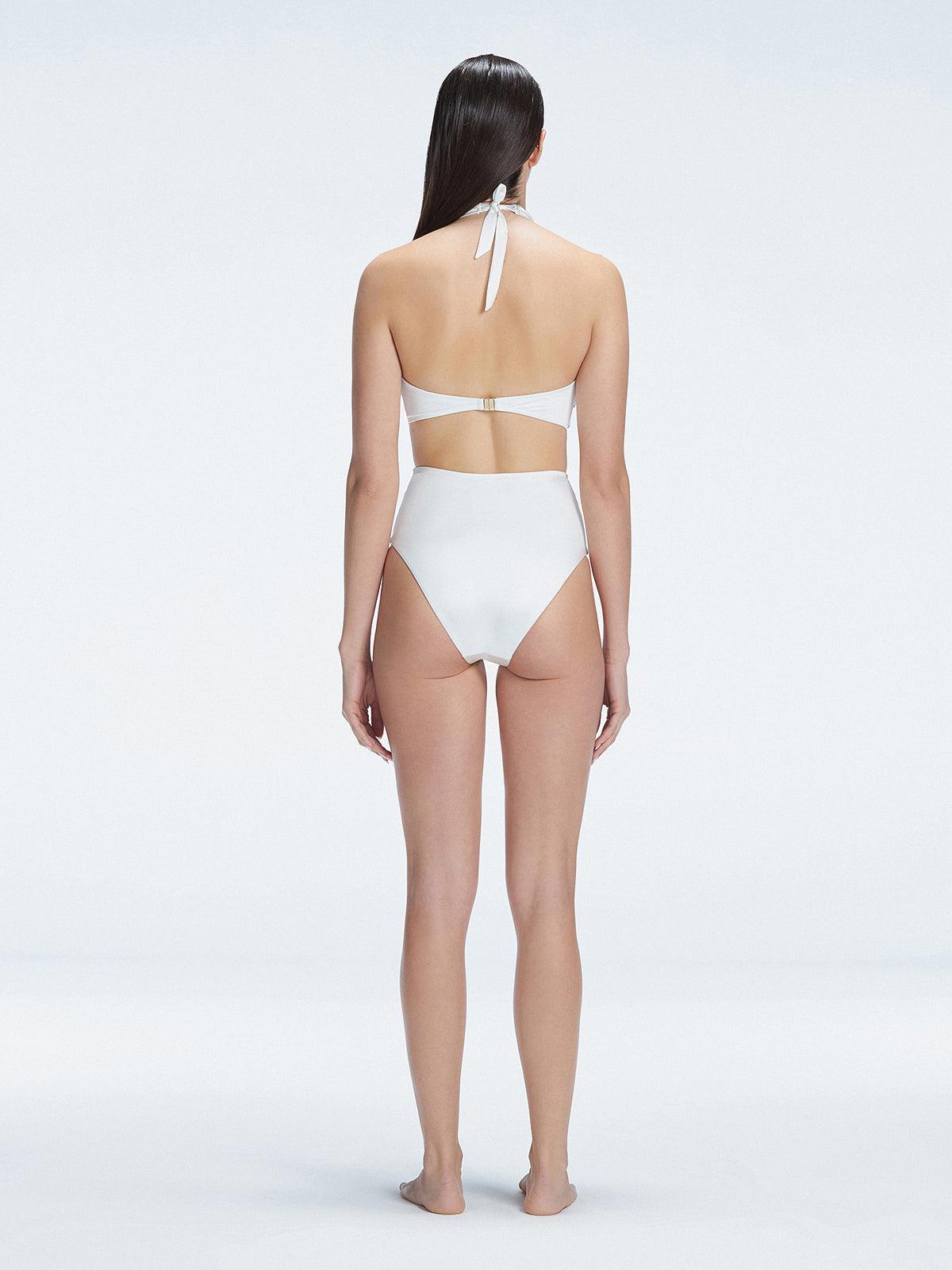 "Back view t of the buckle detailing and halter neck design on the Meredith White Bikini Top, emphasizing the fresh and stylish look."
