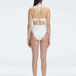 "Back  view of the buckle detailing on the Meredith White Halter Neck Bikini Set, emphasizing the chic, trendy design."

