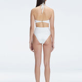 "Back  view of the buckle detailing on the Meredith White Halter Neck Bikini Set, emphasizing the chic, trendy design."

