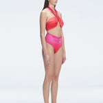 "Side view of the buckle detailing on the Meredith Gradient Halter Neck Bikini Set, emphasizing the chic, trendy design."
