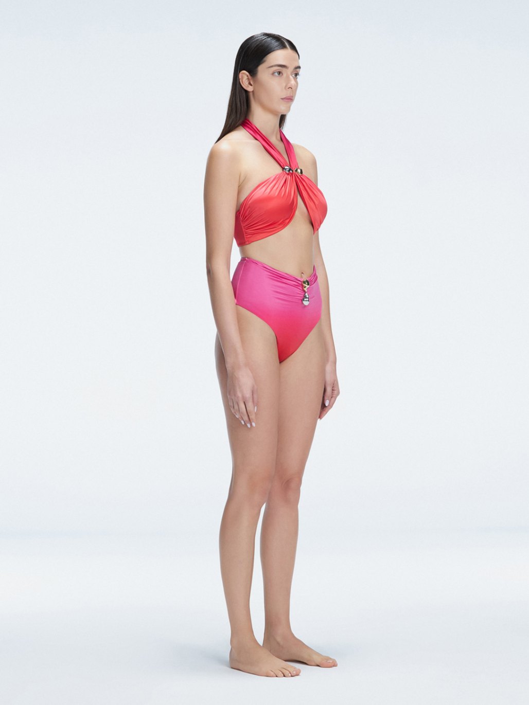 "Side view of the buckle detailing on the Meredith Gradient Halter Neck Bikini Set, emphasizing the chic, trendy design."
