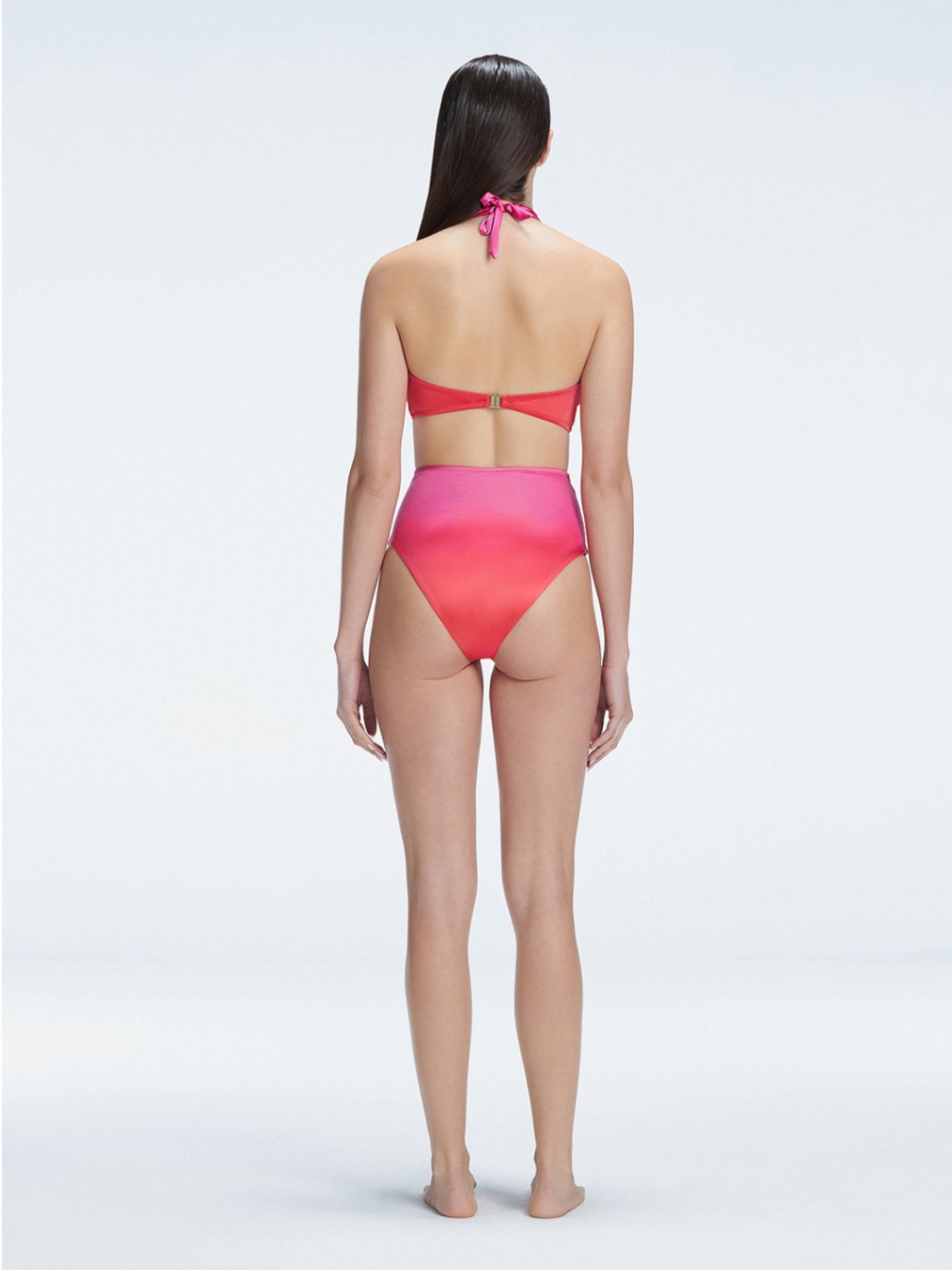 "Back view t of the buckle detailing and halter neck design on the Meredith Gradient Bikini Top, emphasizing the fresh and stylish look."
