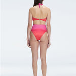 "Back  view of the buckle detailing on the Meredith Gradient Halter Neck Bikini Set, emphasizing the chic, trendy design."
