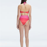 "Back  view of the buckle detailing on the Meredith Gradient Halter Neck Bikini Set, emphasizing the chic, trendy design."
