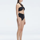 "Side view of the buckle detailing on the Meredith Gradient Halter Neck Bikini Set, emphasizing the chic, trendy design."
