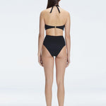 "Back  view of the buckle detailing on the Meredith Black Halter Neck Bikini Bottom, emphasizing the chic, trendy design."
