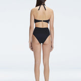 "Back  view of the buckle detailing on the Meredith Black Halter Neck Bikini Bottom, emphasizing the chic, trendy design."
